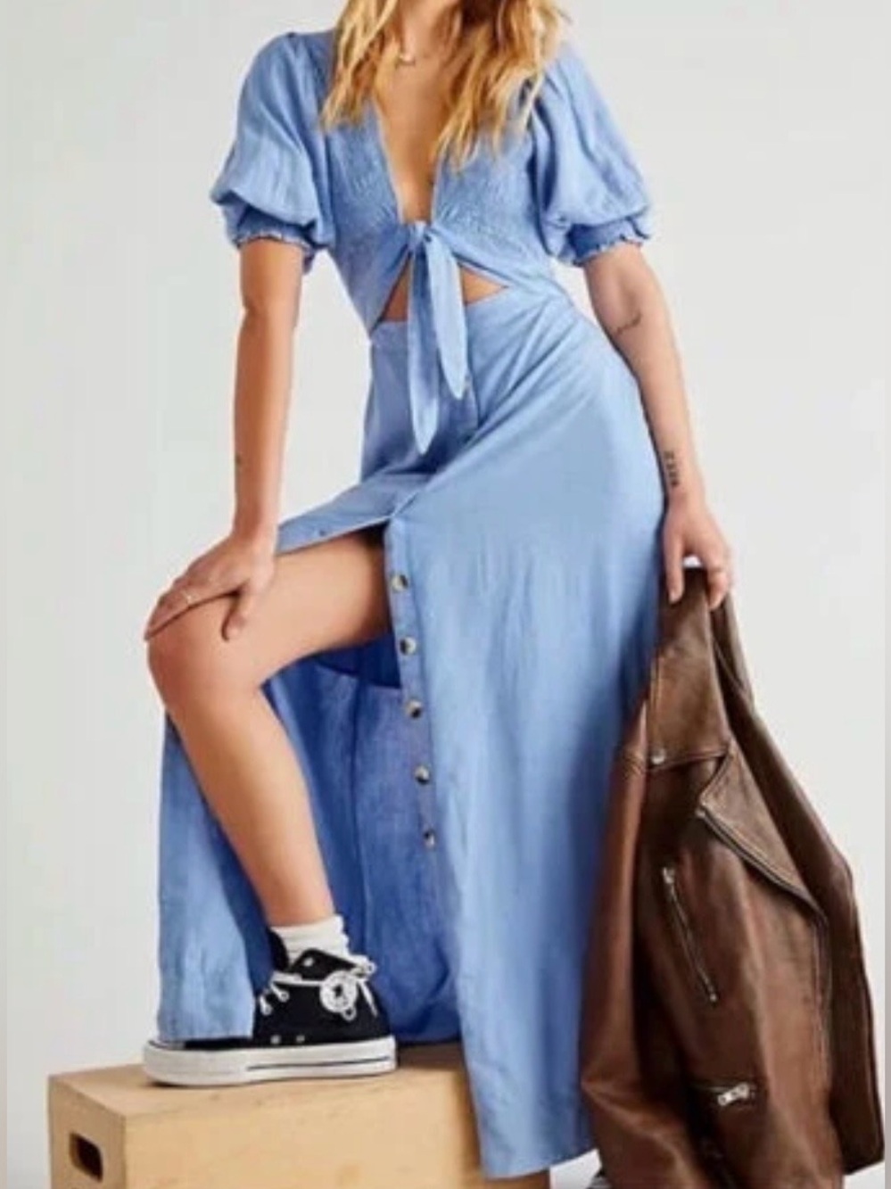 Free People String Of Hearts Blue Maxi Dress Smocked Front Cut Out Medium